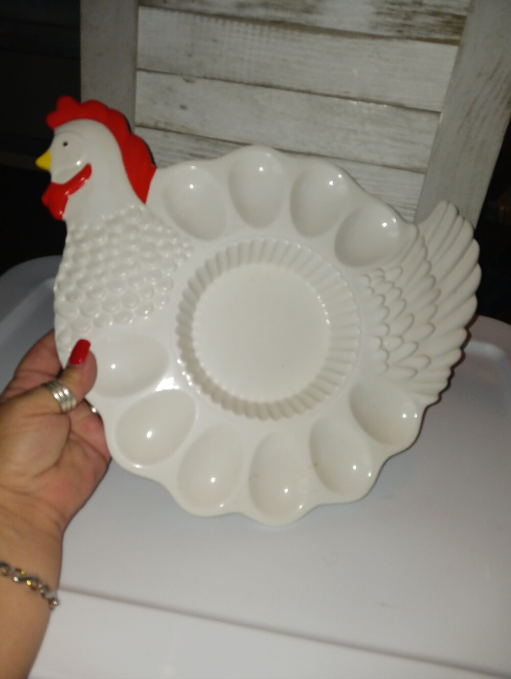 Vintage White Ceramic Hen Egg Serving Platter with Red Accent